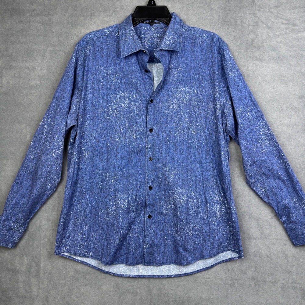 Elie Tahari Mens Blue Acid Wash Marbled Print Button Down Shirt‎ Long Sleeve XL